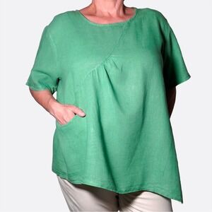 Saga Italy Green 100% Linen Asymmetric Lagenlook Pocket Blouse‎ Plus 2X XXL
